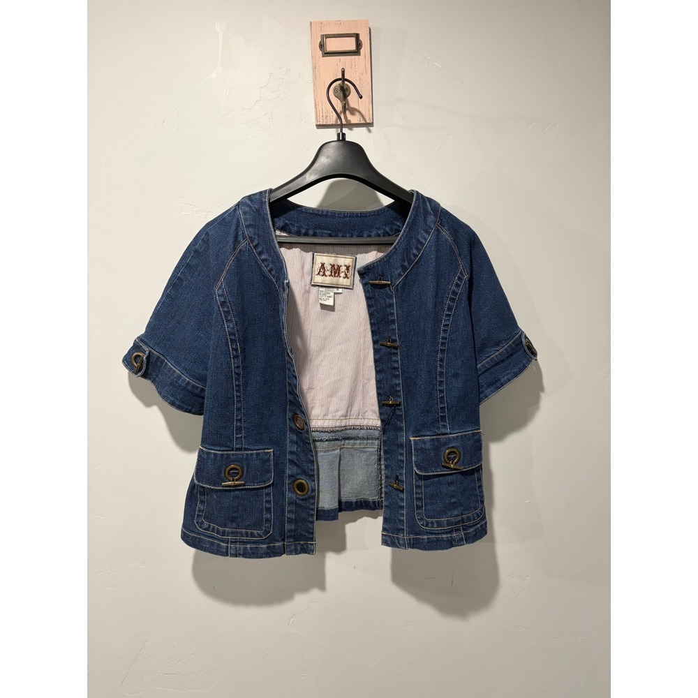 A.M.I. Denim Short Sleeve Toggle Jacket Dark Wash Blue Size M 56558